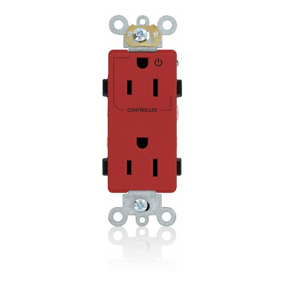 16252-1PR Decora Duplex Heavy Duty Self-Grounding Straight Blade Receptacle With 1 Plug Controlled Markings, 125 V AC, 15 A, 2 Poles, 3 Wires, Red