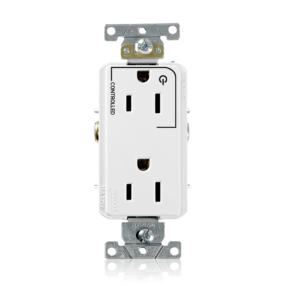 15 Amp. 125 Volt. NEMA 5-15R. 2P/3W. Decora Plus Duplex Receptacle. Straight Blade. Commercial Grade. Hot Terminal Split w/1 Plug Controlled. Self Grounding. Back And Side Wired. Contractor Pack - White
