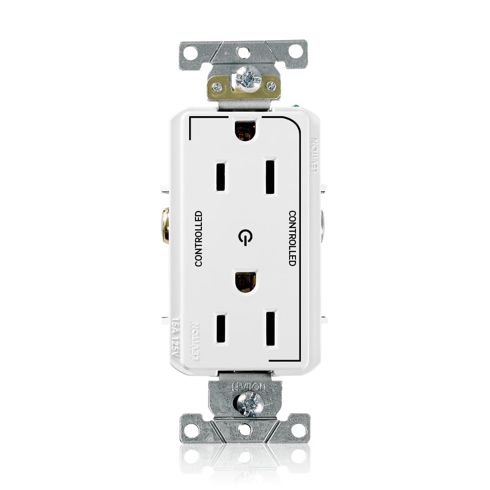 16252-2PW Decora Plus Heavy Duty Self Grounding Straight Blade Duplex Receptacle With 2 Plug Controlled Markings, 125 V AC, 15 A, 2 Poles, 3 Wires, White
