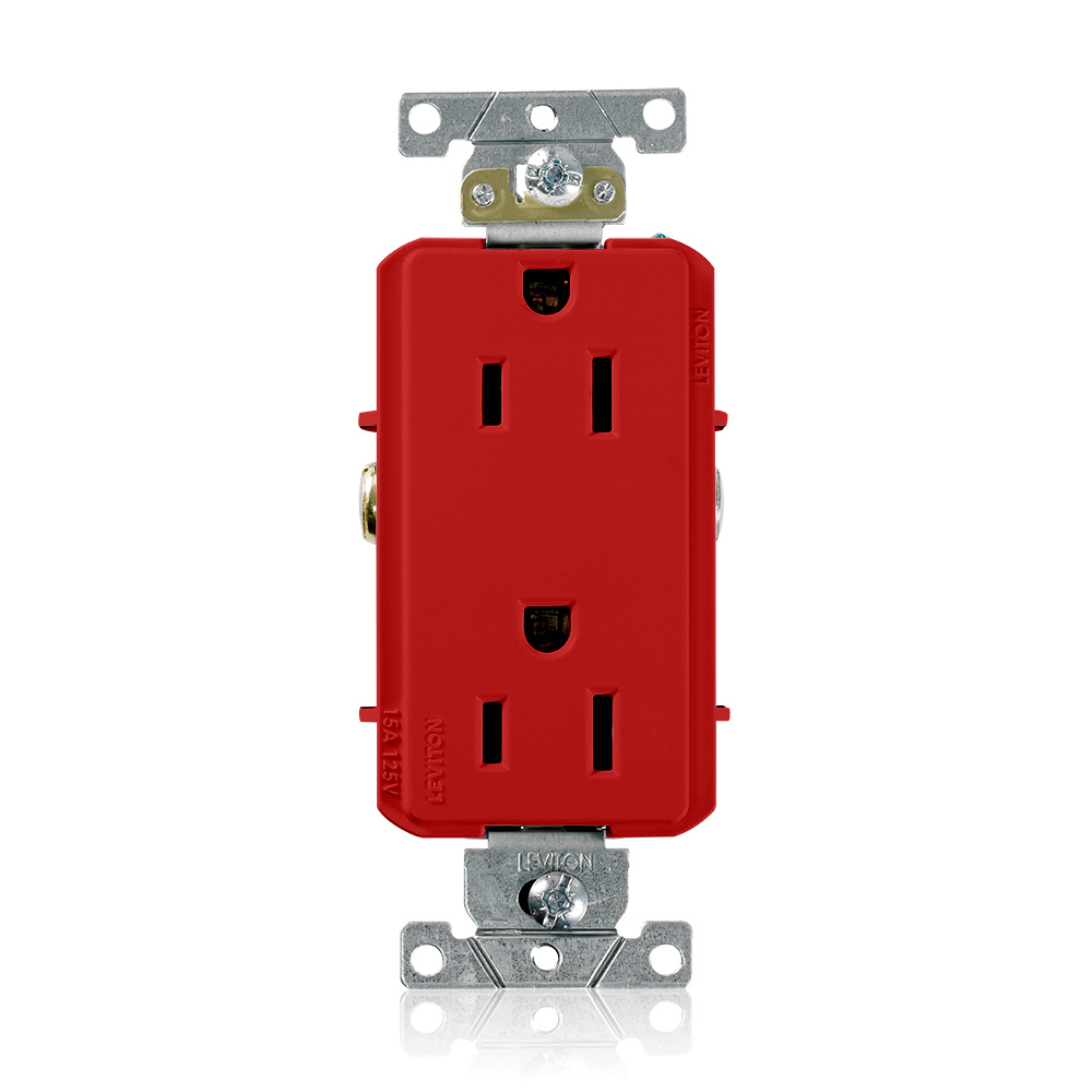 16252-R Decora Plus Heavy Duty Self Grounding Straight Blade Duplex Receptacle, 125 V AC, 15 A, 2 Poles, 3 Wires, Red