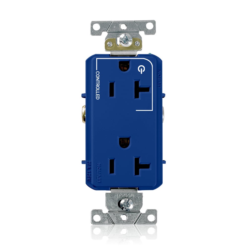 16352-1PB Decora Plus Heavy Duty Self Grounding Straight Blade Duplex Receptacle With 1 Plug Controlled Markings, 125 V AC, 20 A, 2 Poles, 3 Wires, Blue