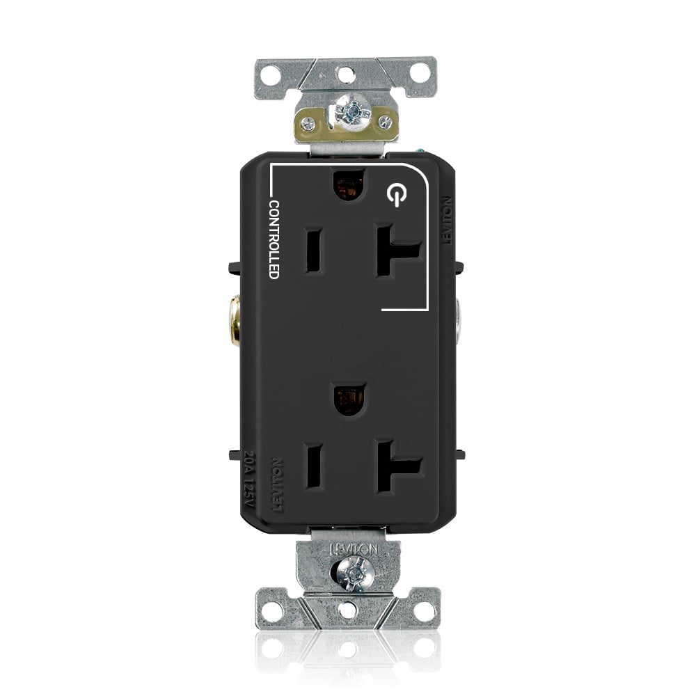 16352-1PE Decora Plus Heavy Duty Self Grounding Straight Blade Duplex Receptacle With 1 Plug Controlled Markings, 125 V AC, 20 A, 2 Poles, 3 Wires, Black