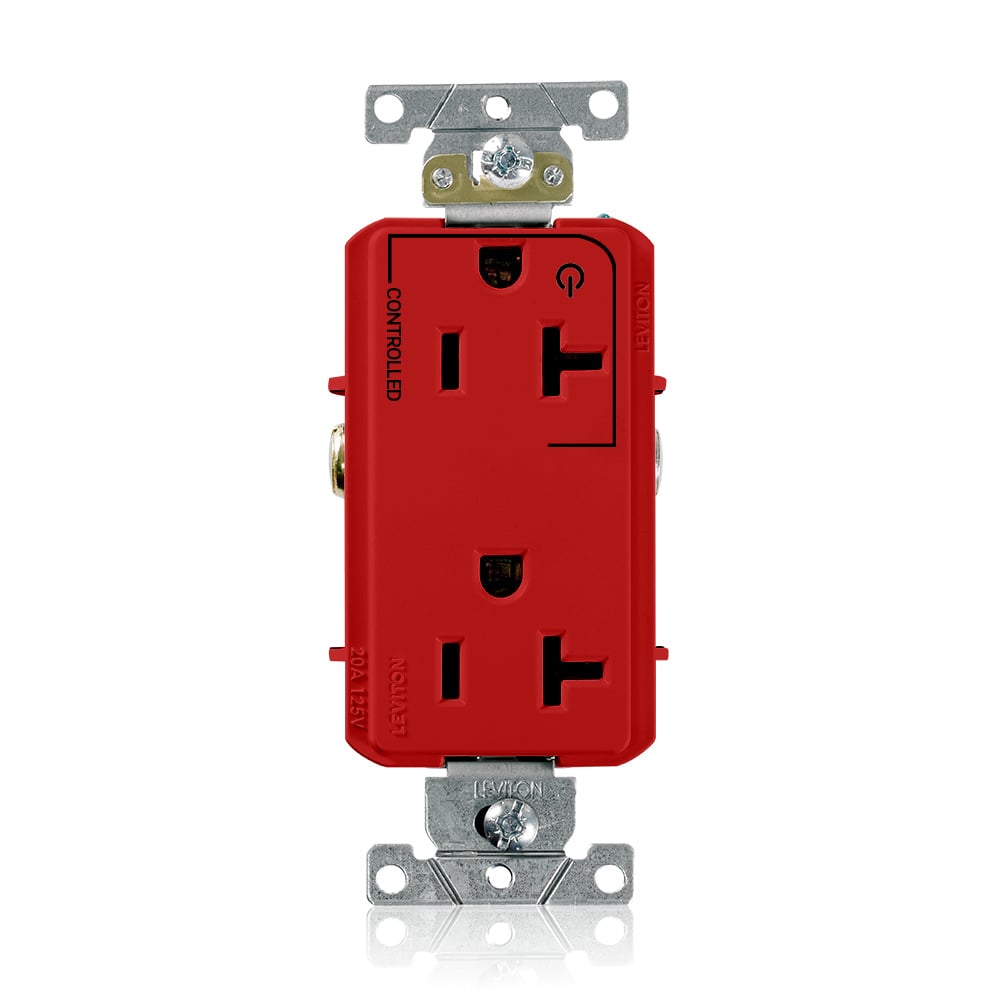 16352-1PR Decora Plus Heavy Duty Self Grounding Straight Blade Duplex Receptacle With 1 Plug Controlled Markings, 125 V AC, 20 A, 2 Poles, 3 Wires, Red