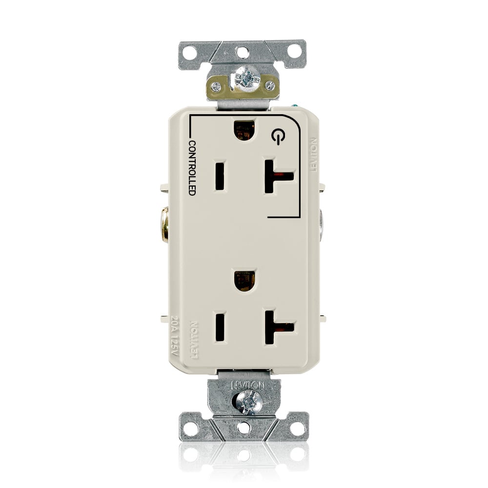 16352-1PT Decora Plus Heavy Duty Self Grounding Straight Blade Duplex Receptacle With 1 Plug Controlled Markings, 125 V AC, 20 A, 2 Poles, 3 Wires, Light Almond