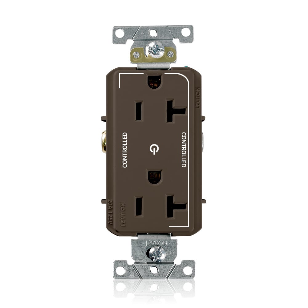 16352-2P Decora Plus Heavy Duty Self Grounding Straight Blade Duplex Receptacle With 2 Plug Controlled Markings, 125 V AC, 20 A, 2 Poles, 3 Wires, Brown