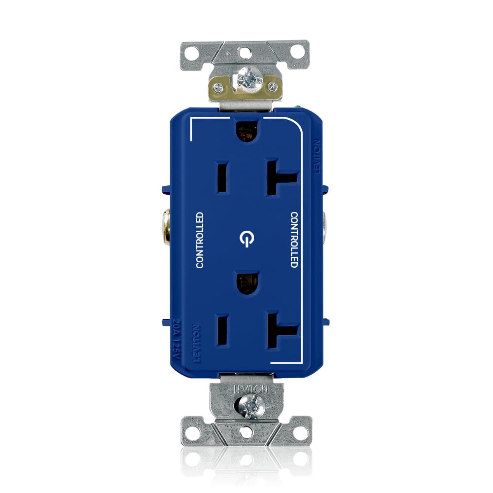 16352-2PB Decora Plus Heavy Duty Self Grounding Straight Blade Duplex Receptacle With 2 Plug Controlled Markings, 125 V AC, 20 A, 2 Poles, 3 Wires, Blue