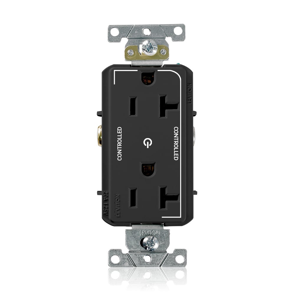 16352-2PE Decora Plus Heavy Duty Self Grounding Straight Blade Duplex Receptacle With 2 Plug Controlled Markings, 125 V AC, 20 A, 2 Poles, 3 Wires, Black