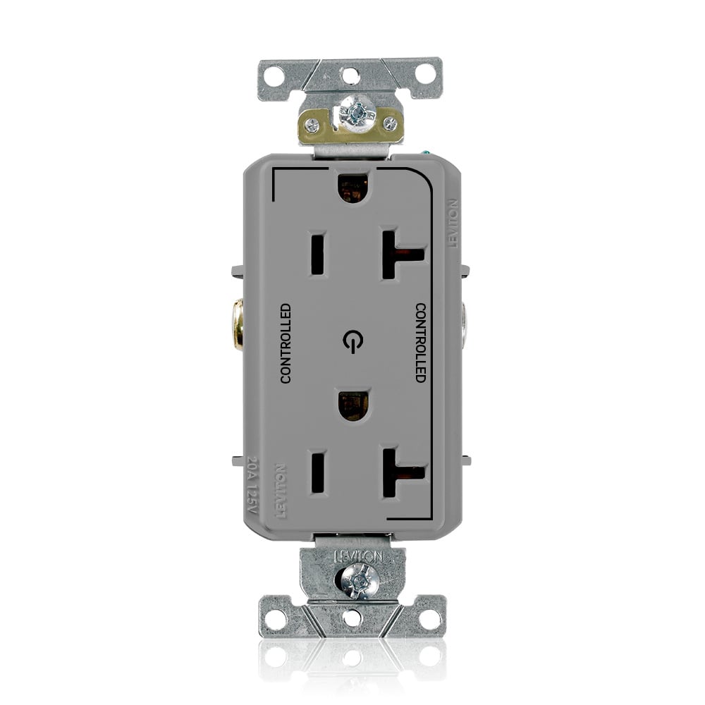 16352-2PG Decora Plus Heavy Duty Self Grounding Straight Blade Duplex Receptacle With 2 Plug Controlled Markings, 125 V AC, 20 A, 2 Poles, 3 Wires, Gray