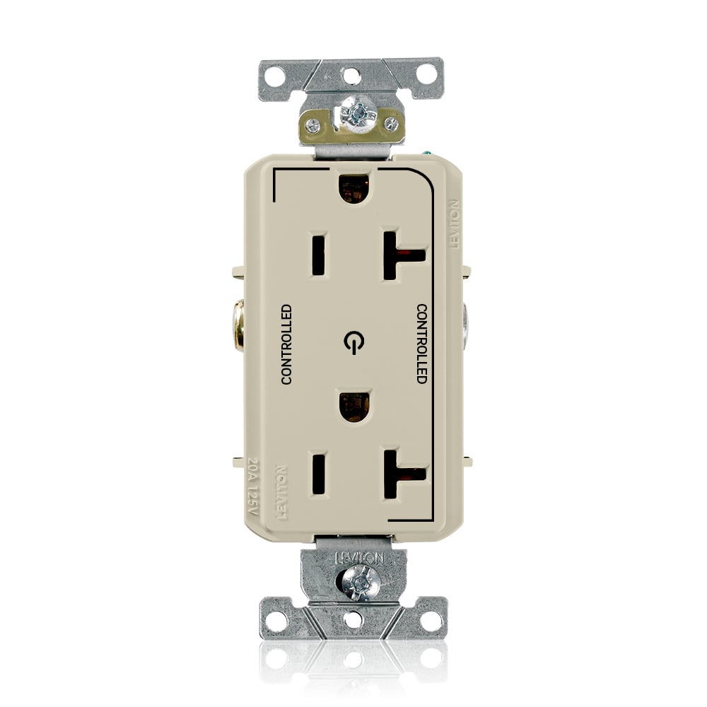 16352-2PI Decora Plus Heavy Duty Self Grounding Straight Blade Duplex Receptacle With 2 Plug Controlled Markings, 125 V AC, 20 A, 2 Poles, 3 Wires, Ivory