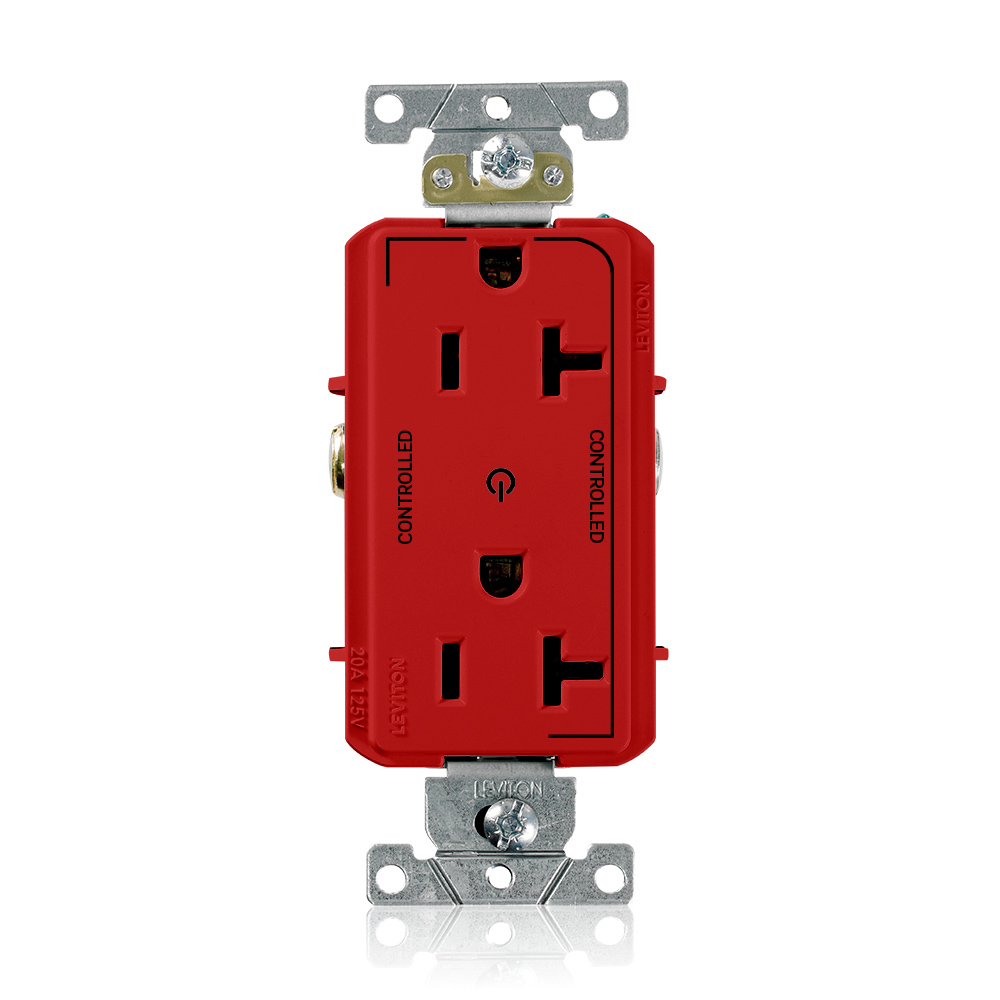 16352-2PR Decora Plus Heavy Duty Self Grounding Straight Blade Duplex Receptacle With 2 Plug Controlled Markings, 125 V AC, 20 A, 2 Poles, 3 Wires, Red