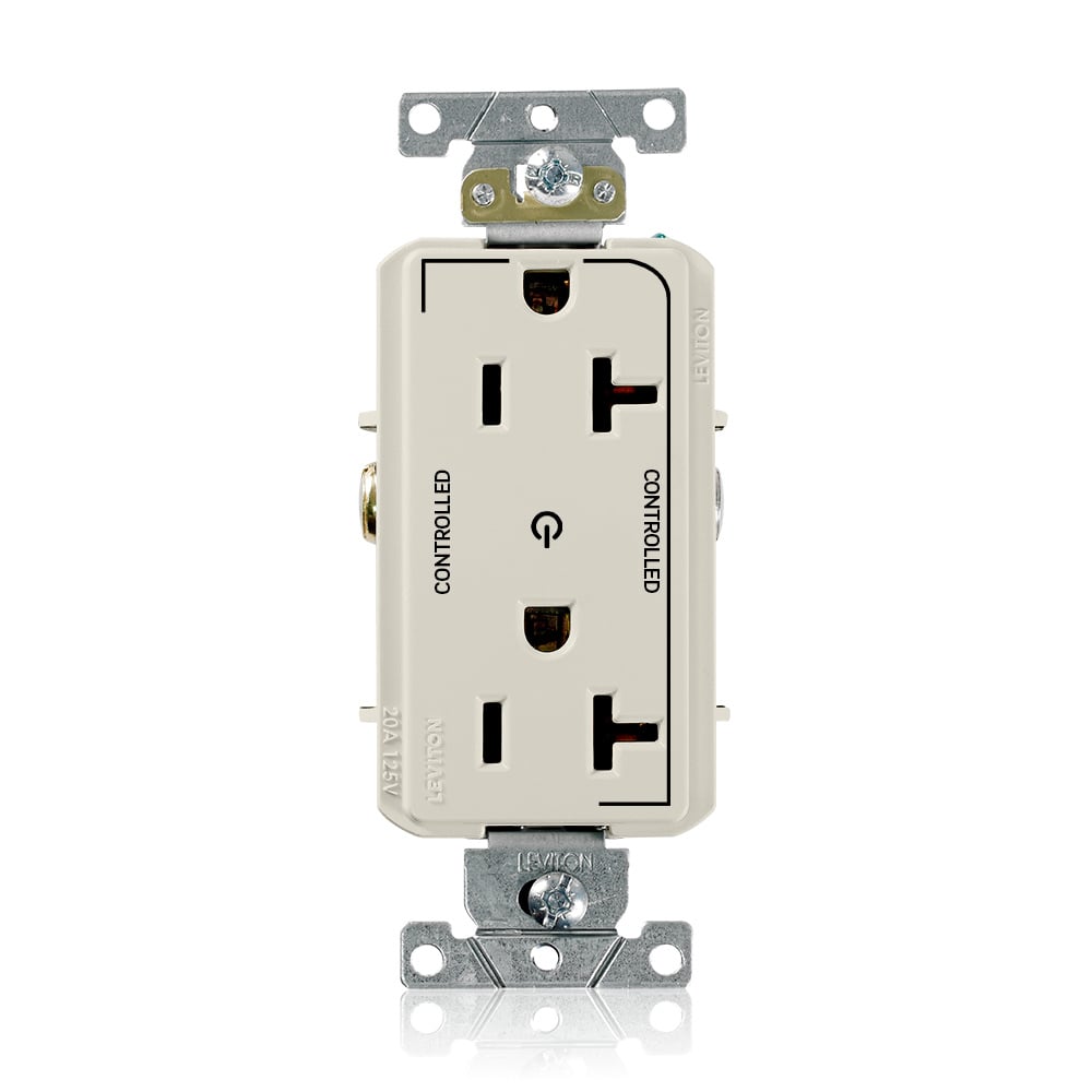 16352-2PT Decora Plus Heavy Duty Self Grounding Straight Blade Duplex Receptacle With 2 Plug Controlled Markings, 125 V AC, 20 A, 2 Poles, 3 Wires, Light Almond