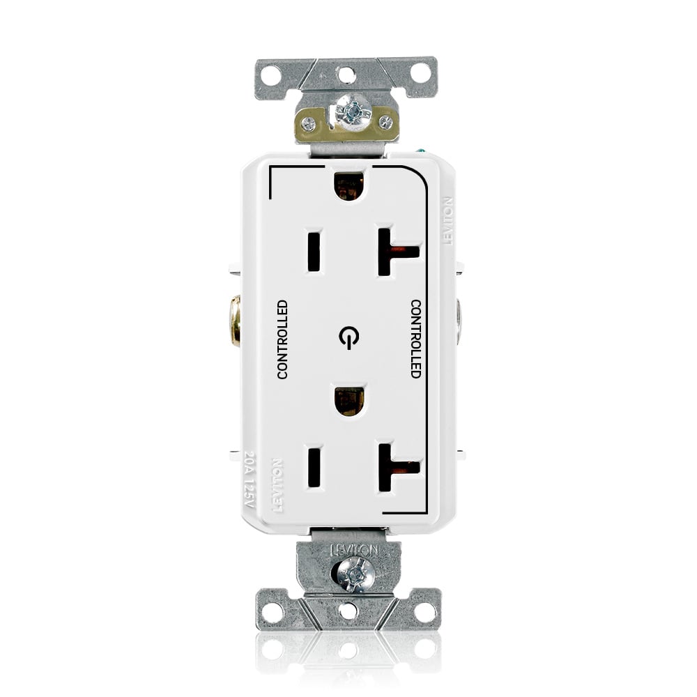 16352-2PW Decora Plus Heavy Duty Self Grounding Straight Blade Duplex Receptacle With 2 Plug Controlled Markings, 125 V AC, 20 A, 2 Poles, 3 Wires, White