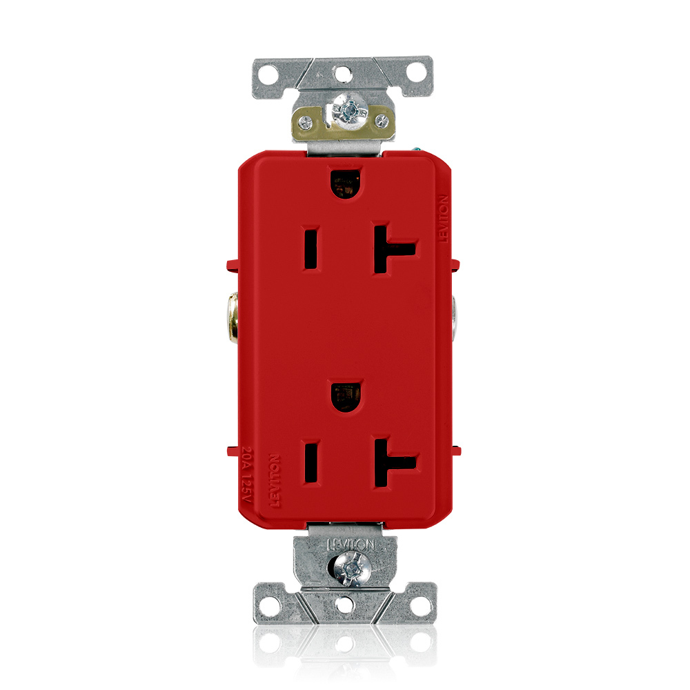 16352-R Decora Plus Heavy Duty Self Grounding Straight Blade Duplex Receptacle, 125 V AC, 20 A, 2 Poles, 3 Wires, Red