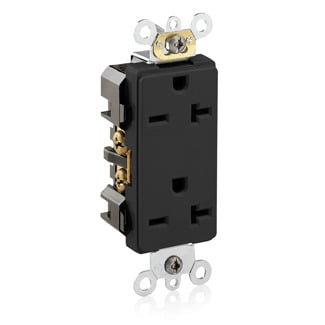 16462-E Decora Plus Duplex Heavy Duty Self-Grounding Smooth Face Straight Blade Receptacle, 250 V AC, 20 A, 2 Poles, 3 Wires, Black