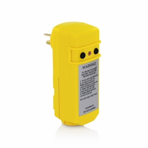 20 Amps 120 VAC 60 Hz. Compact Right Angle Manual-Reset Plug-in GFCI Wit Open Neutral. Ground Pin Down With Green Led Indicator. With Black Test/reset Buttons. Rainproof Design With Load Side Wiring Chamber. Screw Terminals And Built-in Strain Relief Cord Size Range .330 Inches To .597 Inches - Yellow
