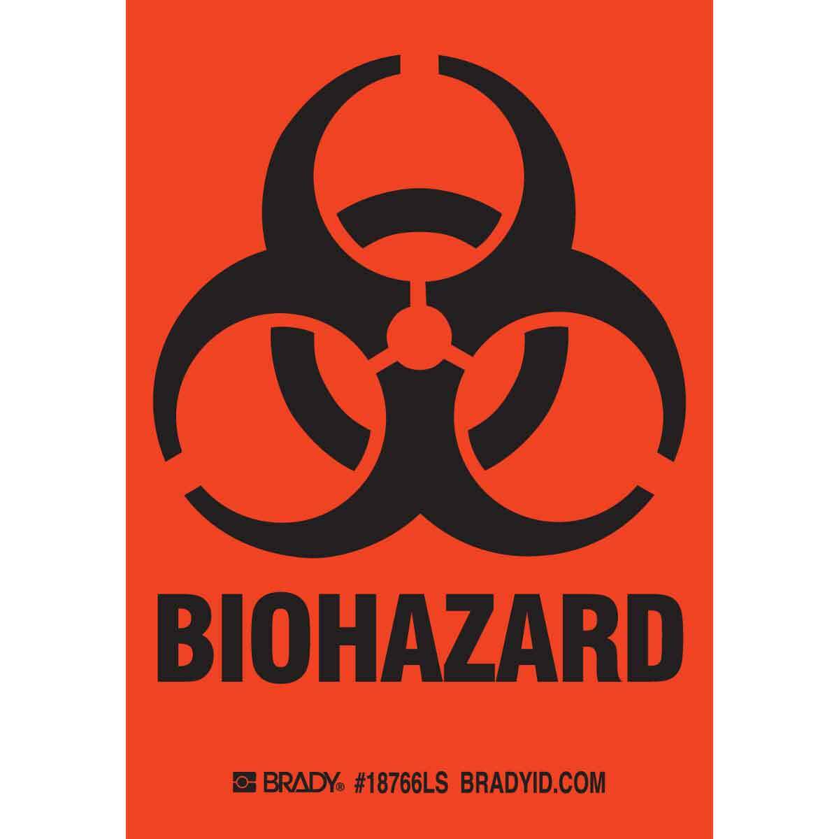 18766LS Flat Rectangular Self-Sticking Chemical/Biohazard and Hazardous Material Label, 3-1/2 in W, BIOHAZARD with Biohazard Symbol Pictogram Legend, Black on Orange, B-485 Polyester, 20 per Pack Labels