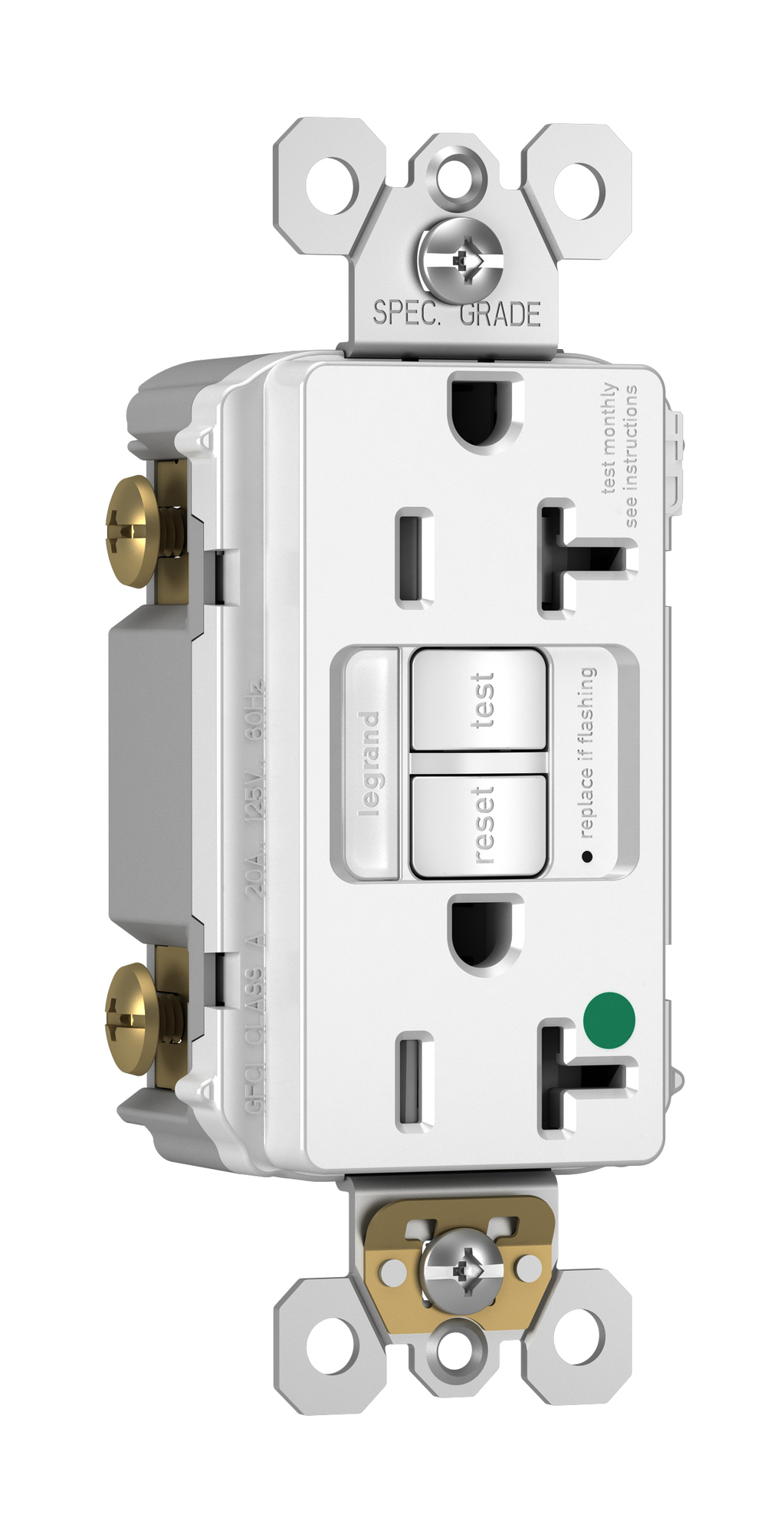 2097HGNTLTRW Radiant Combination Self-Test Tamper-Resistant GFCI Receptacle, 125 VAC, 20 A, 2 Poles, 3 Wires, White