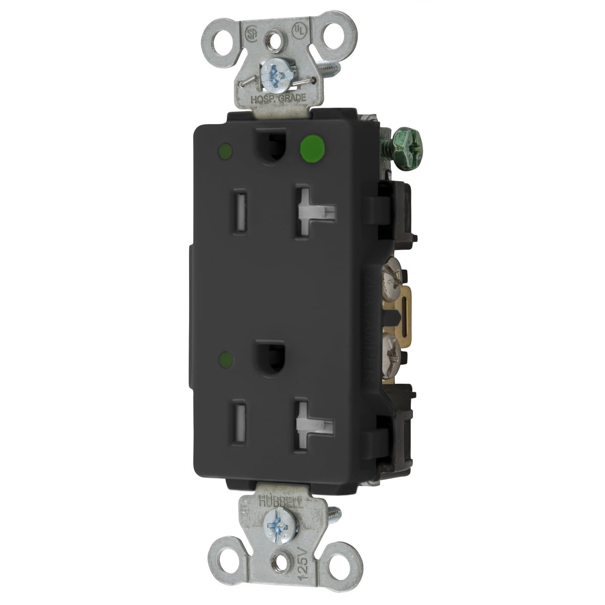 2182BKLTRA 1-Phase Decorator Duplex Heavy Duty Tamper-Resistant Straight Blade Receptacle With Power Indicating LED, 125 VAC, 20 A, 2 Poles, 3 Wires, Black