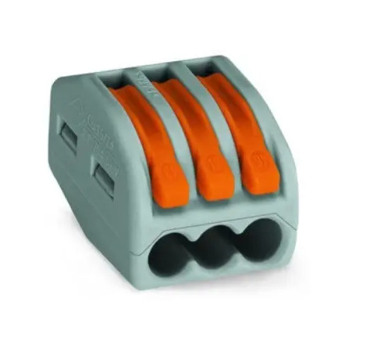 LEVER-NUTS® splicing connector; 3-conductor with operating levers; 28-12 AWG; gray housing