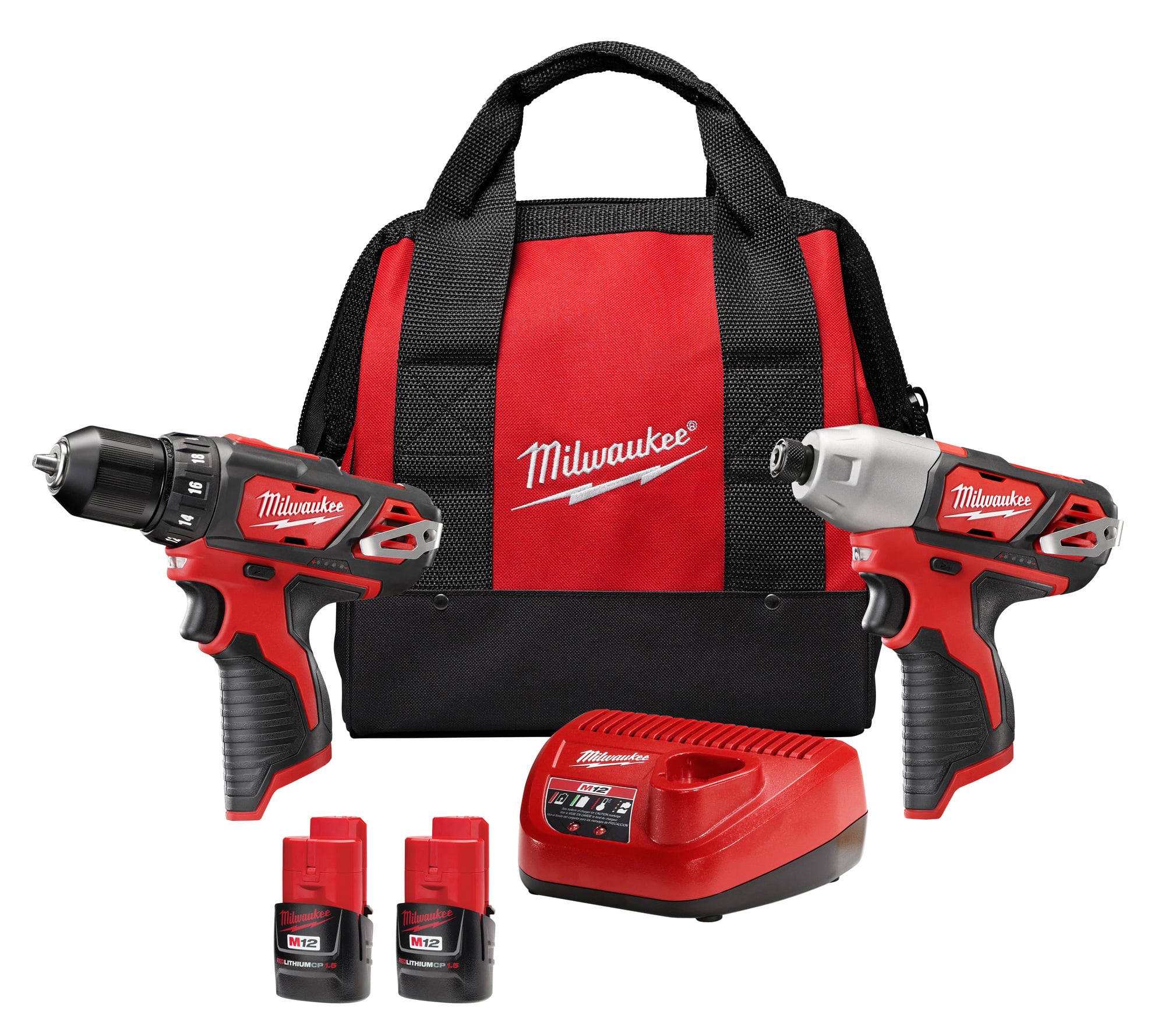 2494-22 M12 2-Tool Cordless Combination Kit, Tools: Drill, Impact Driver, Circular Saw, Reciprocating Saw, Grinder, Worklight, Specialty Tool, 12 V DC, 1.5 Ah Lithium-Ion, Keyed Blade
