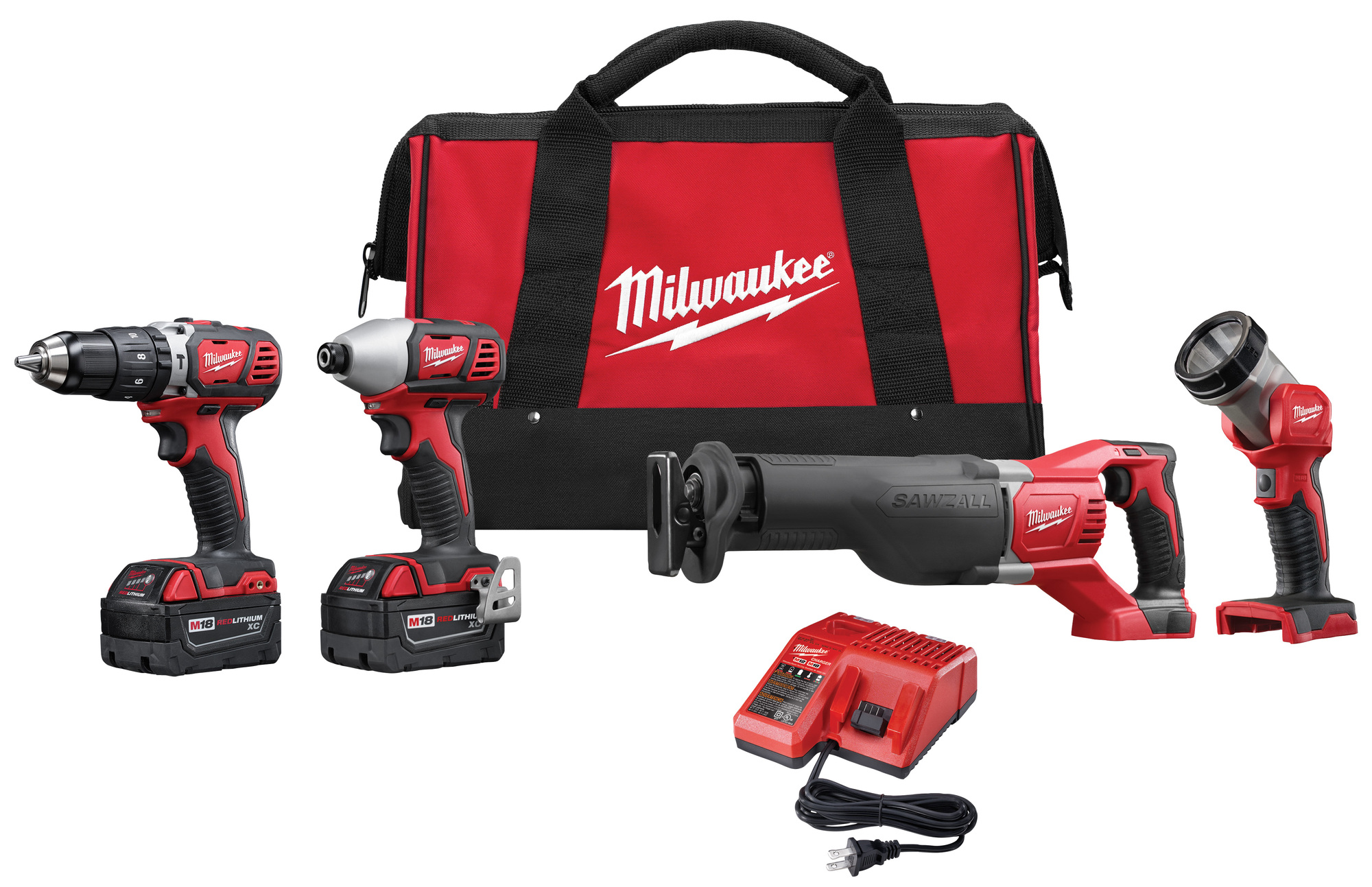 2696-24 M18 4-Tool Kit Cordless Combination Kit, Tools: Hammer Drill, Impact Wrench, 18 V DC, 3 Ah Lithium-Ion, Keyless Blade