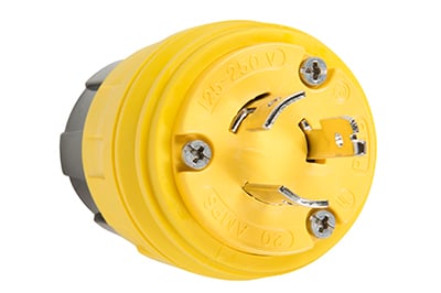 26W08 Turnlok Watertight Locking Plug, 20 Amp 125V, NEMA 4X/6P Rated, Non-NEMA 26W08 Config, Yellow