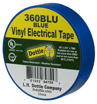 360BLU Color Coding Economy Industrial Electrical Tape, 60 ft L x 3/4 in W, 7 mil THK, PVC, Rubber Adhesive, Blue