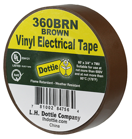 360BRN Color Coding Economy Industrial Electrical Tape, 60 ft L x 3/4 in W, 7 mil THK, PVC, Rubber Adhesive, Brown
