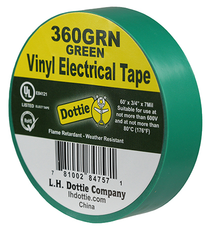 360GRN Color Coding Economy Industrial Electrical Tape, 60 ft L x 3/4 in W, 7 mil THK, PVC, Rubber Adhesive, Green