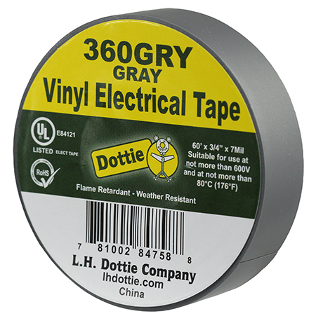 360GRY Color Coding Economy Industrial Electrical Tape, 60 ft L x 3/4 in W, 7 mil THK, PVC, Rubber Adhesive, Gray