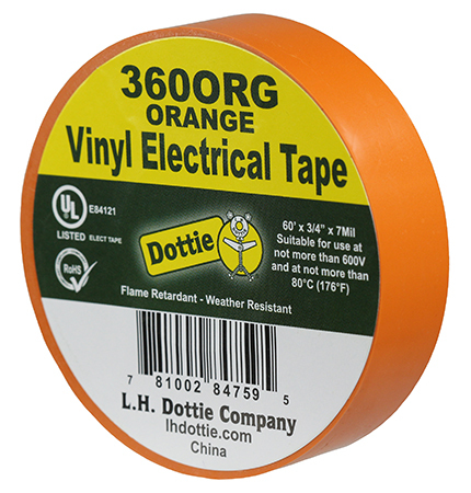 360ORG Color Coding Economy Industrial Electrical Tape, 60 ft L x 3/4 in W, 7 mil THK, PVC, Rubber Adhesive, Orange