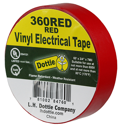360RED Color Coding Economy Industrial Electrical Tape, 60 ft L x 3/4 in W, 7 mil THK, PVC, Rubber Adhesive, Red