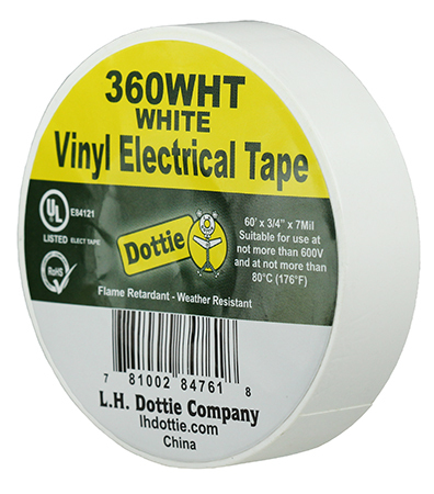 360WHT Color Coding Economy Industrial Electrical Tape, 60 ft L x 3/4 in W, 7 mil THK, PVC, Rubber Adhesive, White