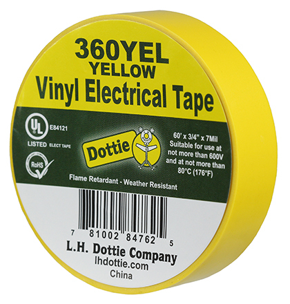 360YEL Color Coding Economy Industrial Electrical Tape, 60 ft L x 3/4 in W, 7 mil THK, PVC, Rubber Adhesive, Yellow