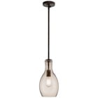 The Everly(TM) 13.75 one light hour glass shaped pendant comes with a curved, glass blown container featuring champagne glass and a Olde Bronze finish for a simple and elegant look. The Everlyfts versatile design coordinates with a variety of styles and can be used singularly, in multiples or arranged at varying heights to elevate the room.