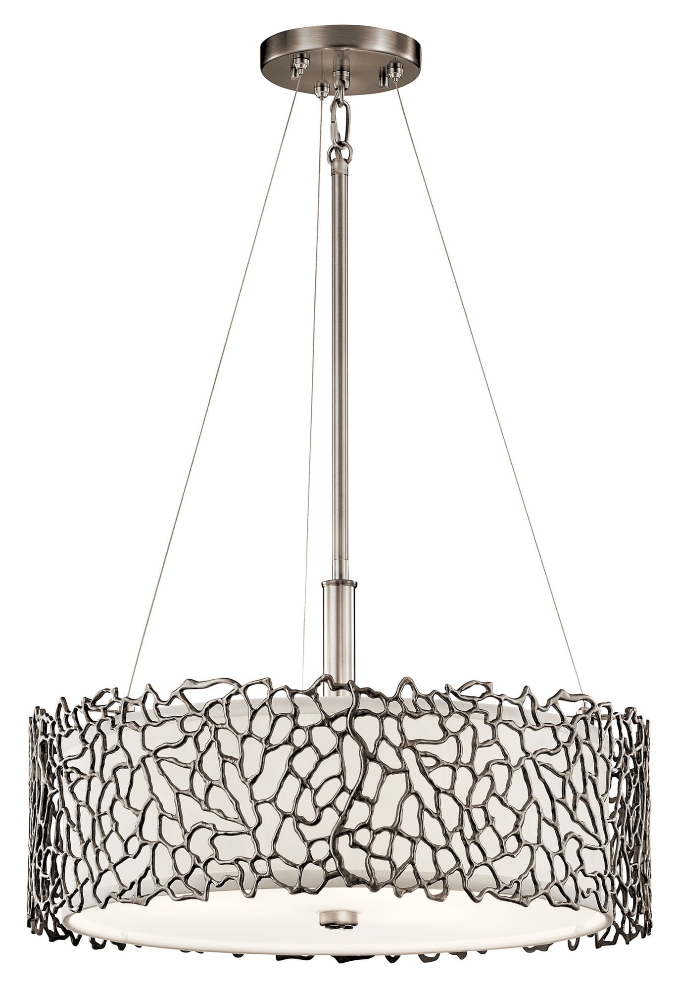 The Silver Coral 11in; 3 light convertible pendant features a modern look with its Classic Pewter finish and etched diffuser and white fabric shade. The Silver Coral pendant was inspired by natural coral and works in modern and transitional environments.