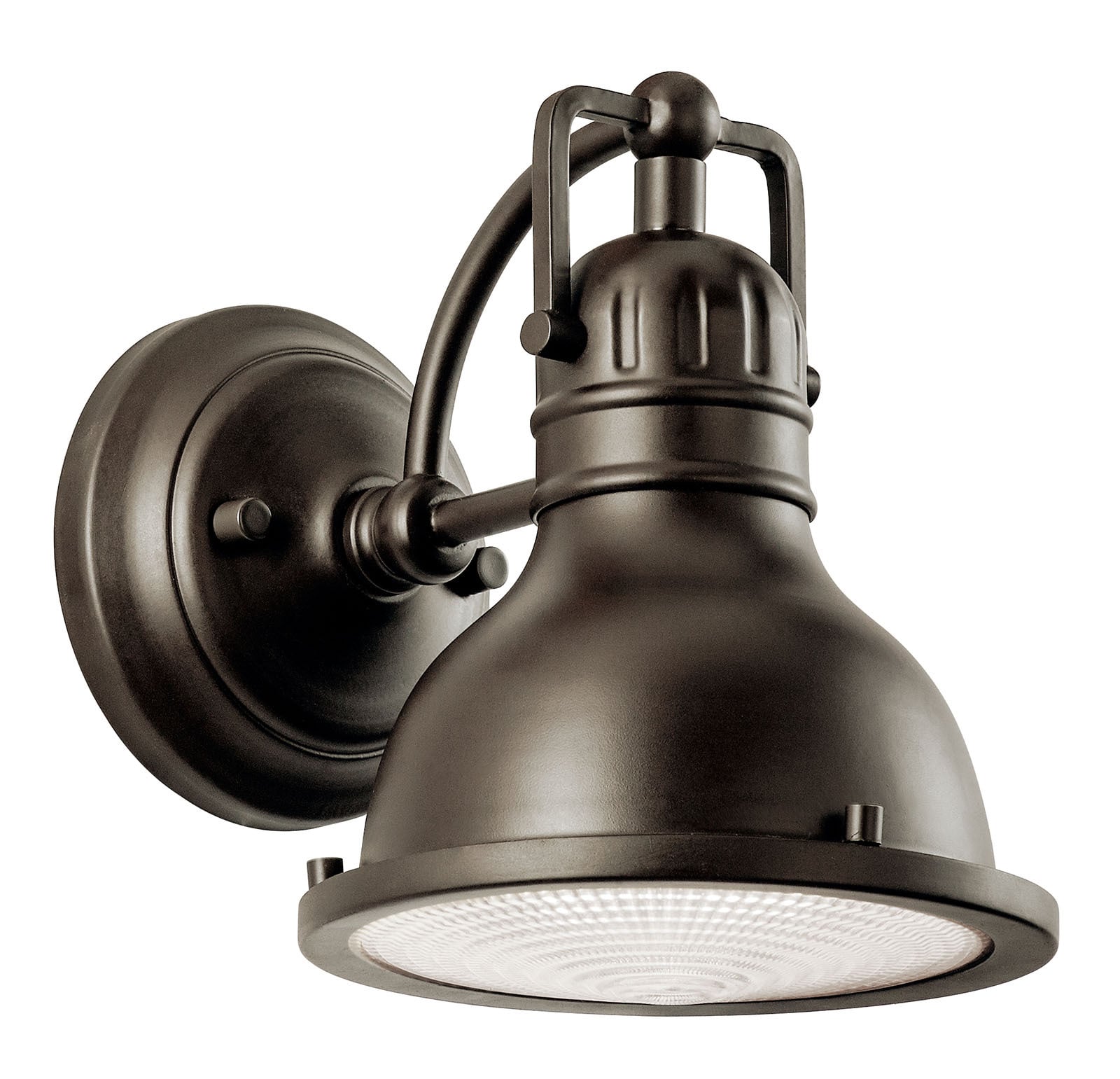 The Hatteras Bay(TM) 8in; 1 light exterior wall light features a classic industrial look with its Olde Bronze finish and clear fresnel lens.  The Hatteras Bay exterior wall light is perfect to help illuminate areas where guests will be entering and exiting the home such as doorways and garages.