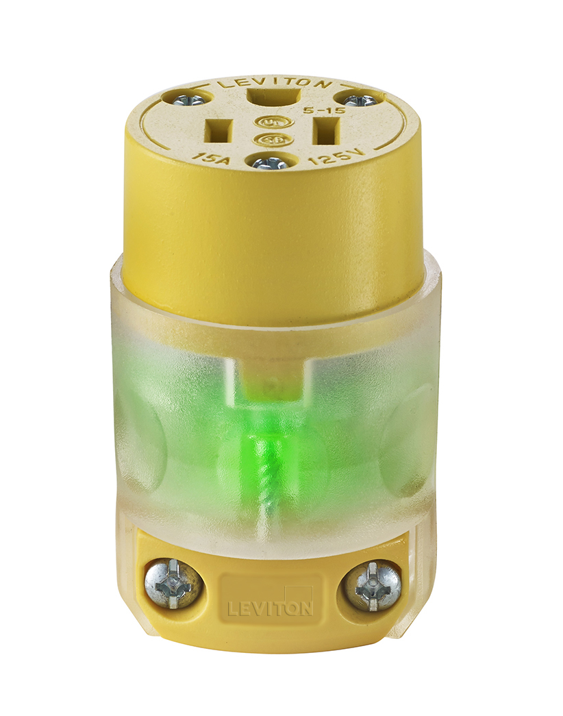 515CV-LIT Grounding Lighted Straight Blade Connector, 125 V AC, 15 A, 2 Poles, 3 Wires, White/Yellow