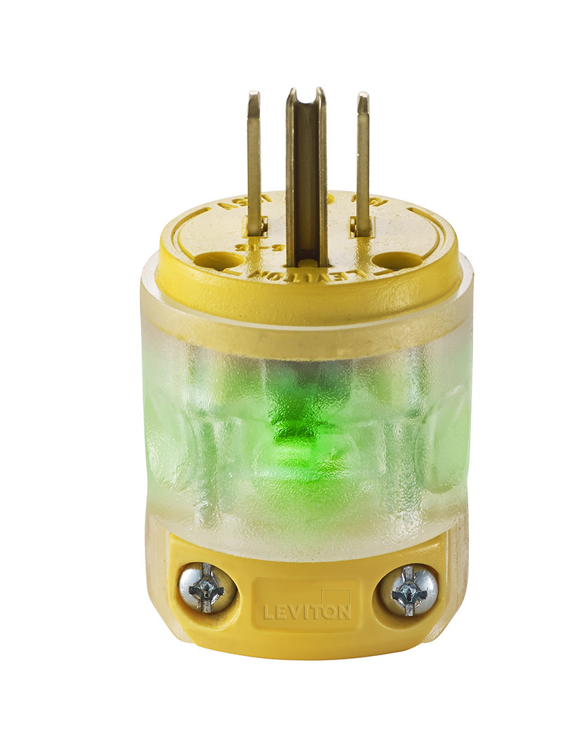 515PV-LIT Grounding Straight Blade Plug, 125 V AC, 15 A, 2 Poles, 3 Wires, Clear/Yellow