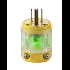 15A-125V. Plug. Round Dead Front. 2-Pole / 3 Wire. Nema 5-15P. Clear Husk With Yellow Vinyl Clamps And Face With Green Neon Inicator Light.