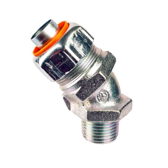 5244-PT T&B Quick Connect Liquid Tight Non-Insulated Push-In Connector, 1 in Trade, 45 deg, Malleable Iron, Zinc Plated With Clear Chromate