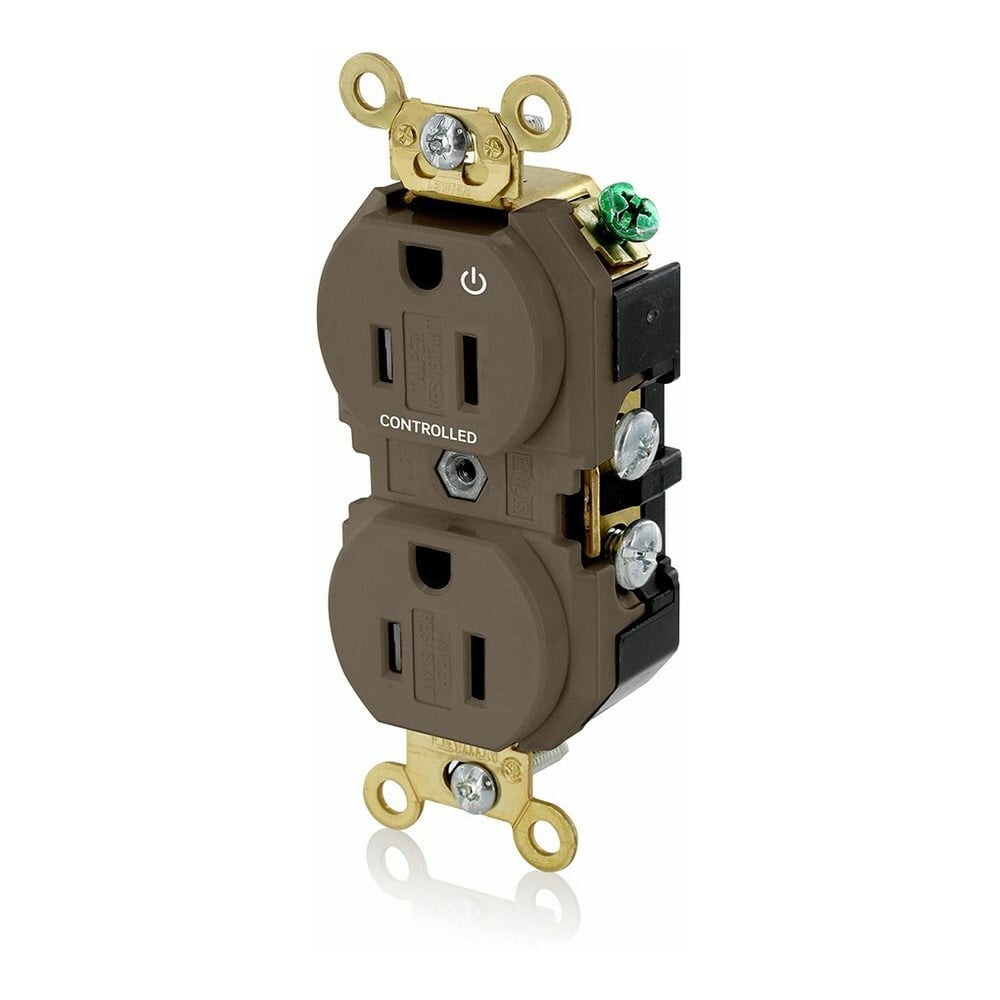 5262-1P Duplex Extra Heavy Duty Self-Grounding Tamper Resistant Straight Blade Receptacle With 1 Plug Controlled Markings, 125 V AC, 15 A, 2 Poles, 3 Wires, Brown