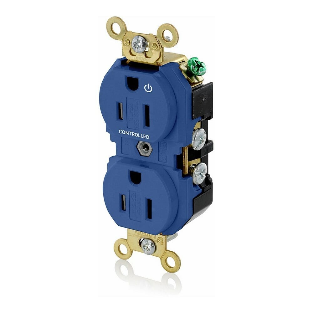 5262-1PB Duplex Extra Heavy Duty Self-Grounding Tamper Resistant Straight Blade Receptacle With 1 Plug Controlled Markings, 125 V AC, 15 A, 2 Poles, 3 Wires, Blue