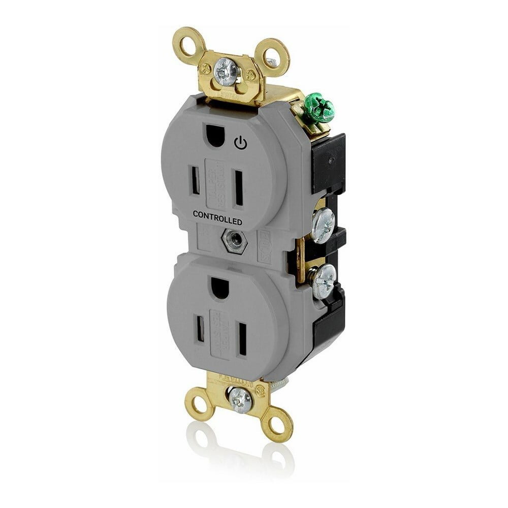5262-1PG Duplex Extra Heavy Duty Self-Grounding Tamper Resistant Straight Blade Receptacle With 1 Plug Controlled Markings, 125 V AC, 15 A, 2 Poles, 3 Wires, Gray