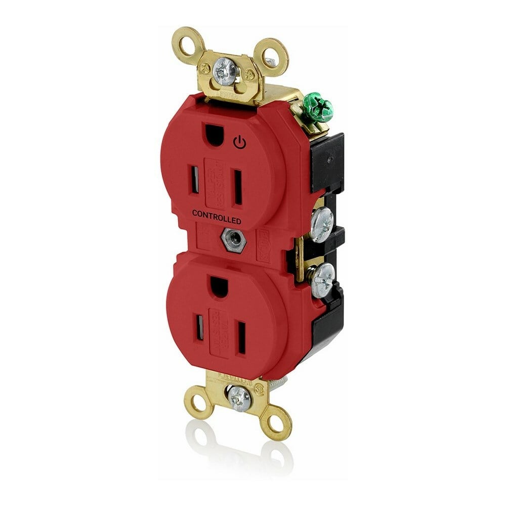 5262-1PR Duplex Extra Heavy Duty Self-Grounding Tamper Resistant Straight Blade Receptacle With 1 Plug Controlled Markings, 125 V AC, 15 A, 2 Poles, 3 Wires, Red