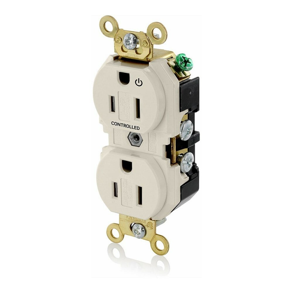 5262-1PT Duplex Extra Heavy Duty Self-Grounding Tamper Resistant Straight Blade Receptacle With 1 Plug Controlled Markings, 125 V AC, 15 A, 2 Poles, 3 Wires, Light Almond