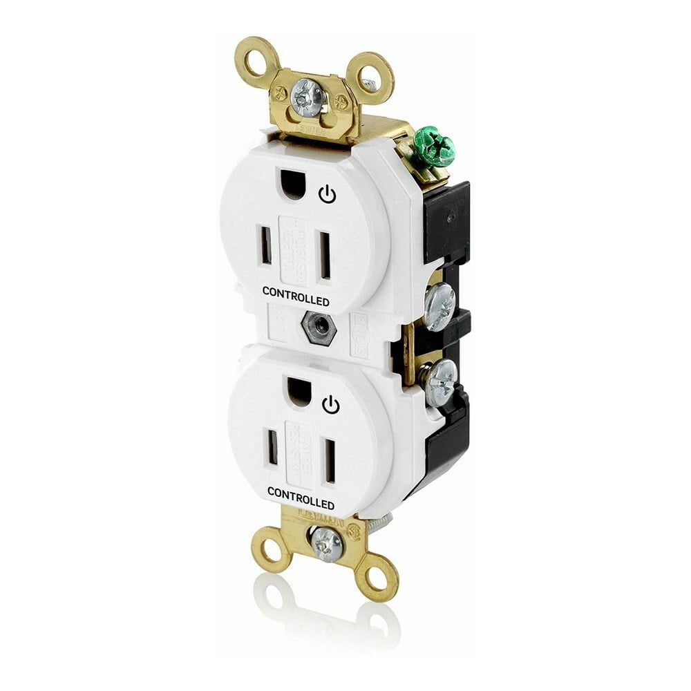 5262-2PW Extra Heavy Duty Self Grounding Tamper Resistant Straight Blade Duplex Receptacle With 2 Plug Controlled Markings, 125 V AC, 15 A, 2 Poles, 3 Wires, White