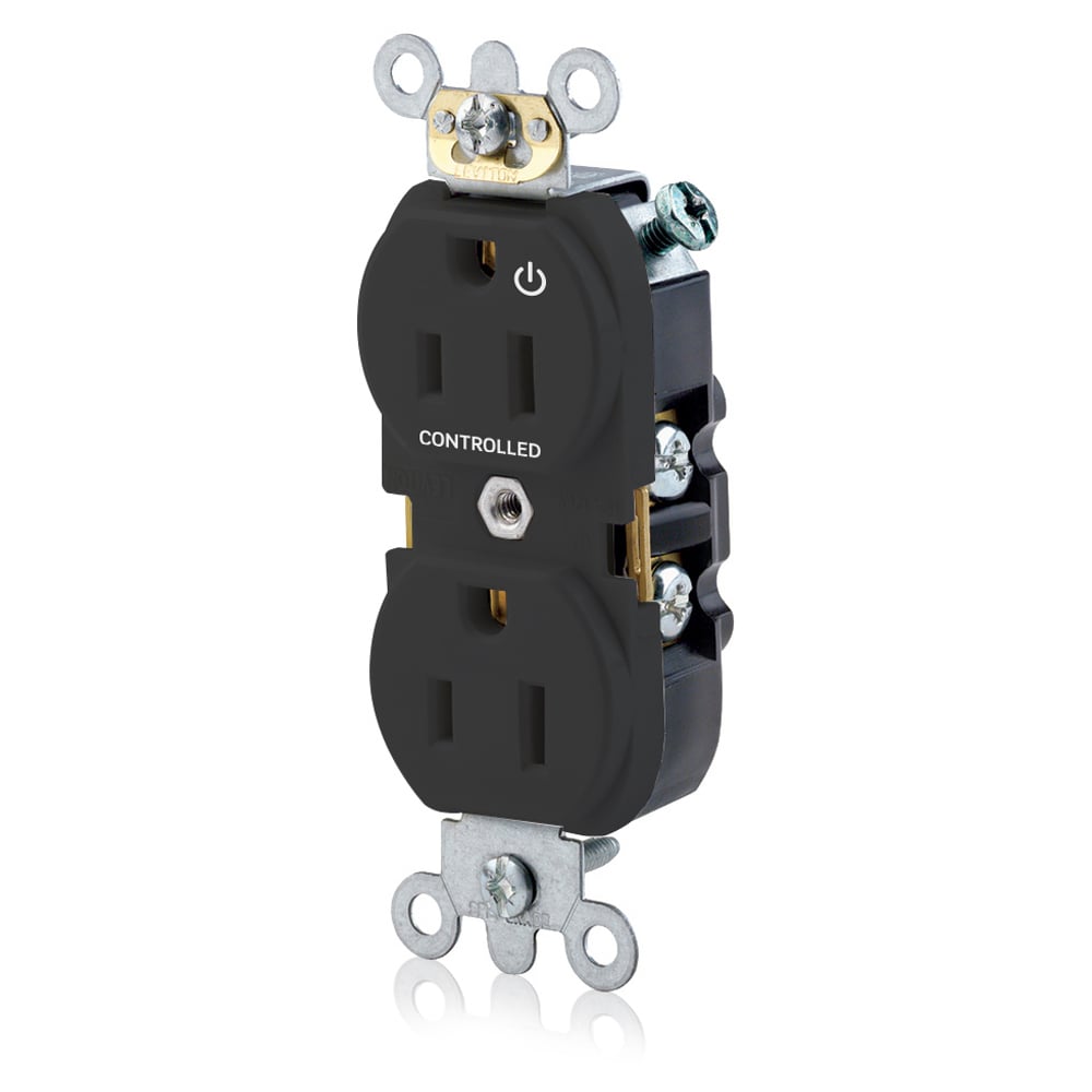 5262-S1E Heavy Duty Narrow Body Straight Blade Duplex Receptacle With 1 Plug Controlled Markings, 125 V AC, 15 A, 2 Poles, 3 Wires, Black