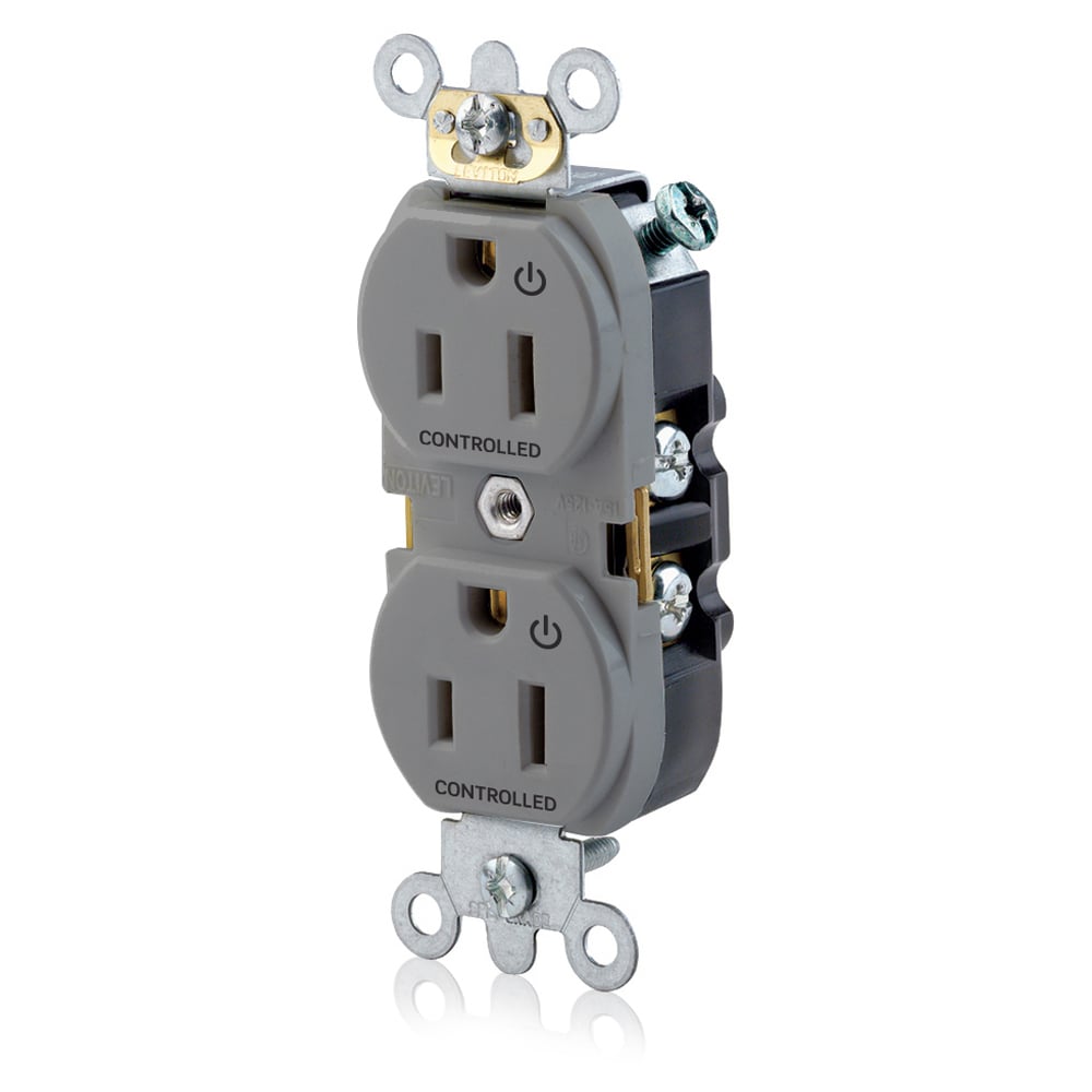 5262-S2G Heavy Duty Narrow Body Straight Blade Duplex Receptacle With 2 Plug Controlled Markings, 125 V AC, 15 A, 2 Poles, 3 Wires, Gray