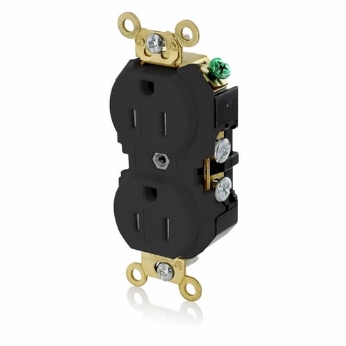 5262-SGE Duplex Extra Heavy Duty Self-Grounding Tamper Resistant Straight Blade Receptacle, 125 V AC, 15 A, 2 Poles, 3 Wires, Black